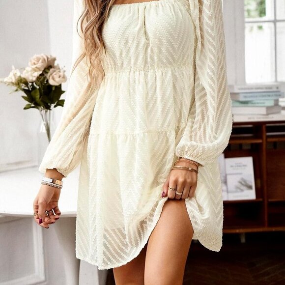 Women's Long Sleeve Mini Dress Polyester Casual Ruffle Tiered Smocked - Picture 2 of 6